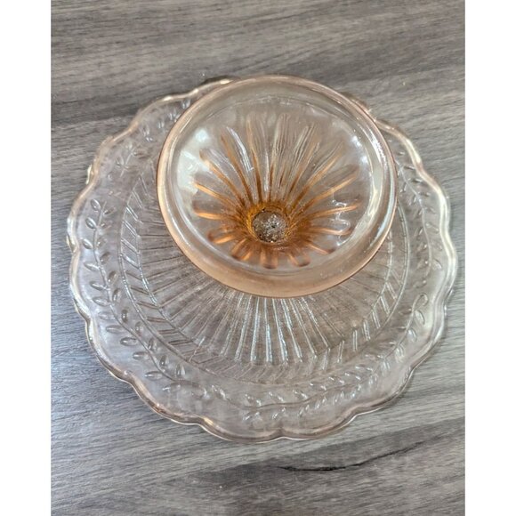Vintage Pink Depression Glass Cake Stand With Scalloped Edges & Floral Design 9" - Picture 4 of 9